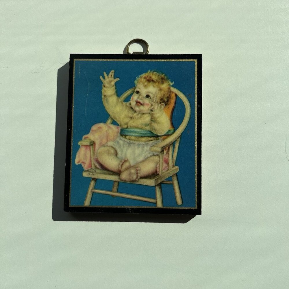 Wood Plaque Wall Decor, Charlotte Becker, Baby In Chair, 3.25"x2.75" Vintage